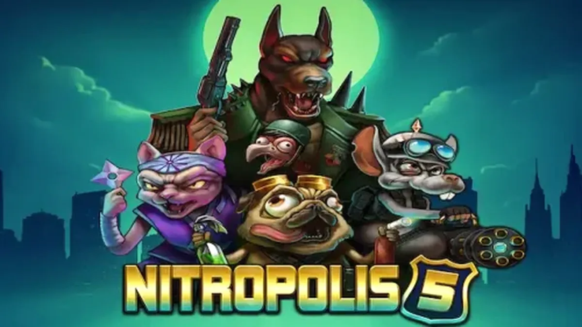 Nitropolis 5 স্লট গেমের ডিস্টোপিয়ান এবং যুদ্ধবিধ্বস্ত শহরের থিমযুক্ত গ্রাফিক্স